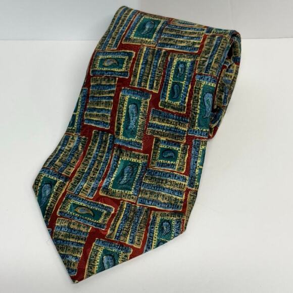 Brioni‎ by Santostefano Neck Tie Paisley Abstract Printed Silk Red Green Luxury - Picture 1 of 8